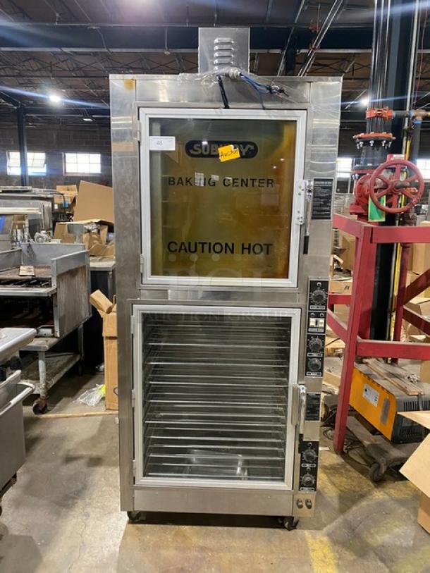 Nu-Vu Subway Style Commercial Stainless Steel Electric Powered Double Deck Convection Oven/Proofer Combo! With Built In Pan Holding Racks! Model: OP-2LFM SN: 121-4642! 120/208V 3 Phase! On Casters! - Image 1 of 11