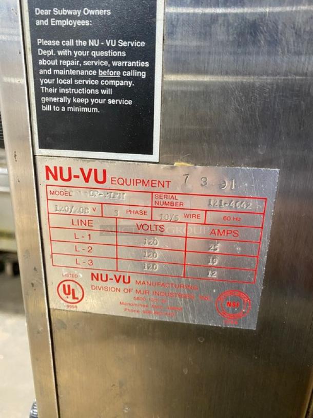 Nu-Vu Subway Style Commercial Stainless Steel Electric Powered Double Deck Convection Oven/Proofer Combo! With Built In Pan Holding Racks! Model: OP-2LFM SN: 121-4642! 120/208V 3 Phase! On Casters! - Image 10 of 11