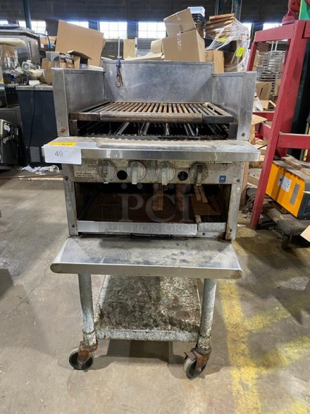 MagiKitch'n Commercial Stainless Steel Natural Gas Powered Countertop Magi Glow Raised Char Broiler! With Built In Broiler/Cheese Melter! With Back & Side Splash! Model: RMB 24 SN: R9400703! On Single Shelf Equipment Cart! - Image 1 of 12