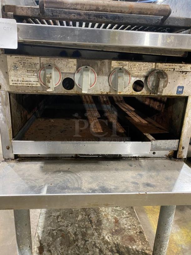 MagiKitch'n Commercial Stainless Steel Natural Gas Powered Countertop Magi Glow Raised Char Broiler! With Built In Broiler/Cheese Melter! With Back & Side Splash! Model: RMB 24 SN: R9400703! On Single Shelf Equipment Cart! - Image 6 of 12