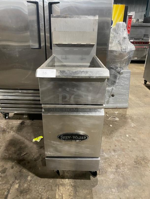 Serv-Ware! 2022 Late Model! Select Series Commercial Stainless Steel Natural Gas Powered 50 Lb. Deep Fat Fryer! With Back Splash & Basket Hanger! Model: SS-SGF-50N SN: 2626182203290004! On Casters! - Image 1 of 11