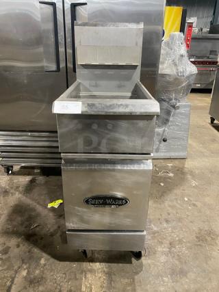 Serv-Ware! 2022 Late Model! Select Series Commercial Stainless Steel Natural Gas Powered 50 Lb. Deep Fat Fryer! With Back Splash & Basket Hanger! Model: SS-SGF-50N SN: 2626182203290004! On Casters!