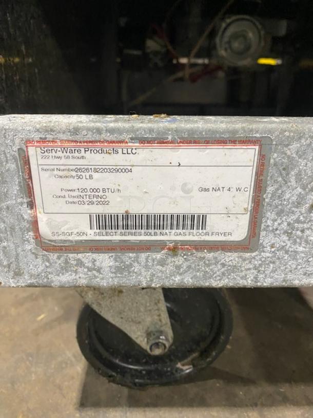 Serv-Ware! 2022 Late Model! Select Series Commercial Stainless Steel Natural Gas Powered 50 Lb. Deep Fat Fryer! With Back Splash & Basket Hanger! Model: SS-SGF-50N SN: 2626182203290004! On Casters! - Image 10 of 11