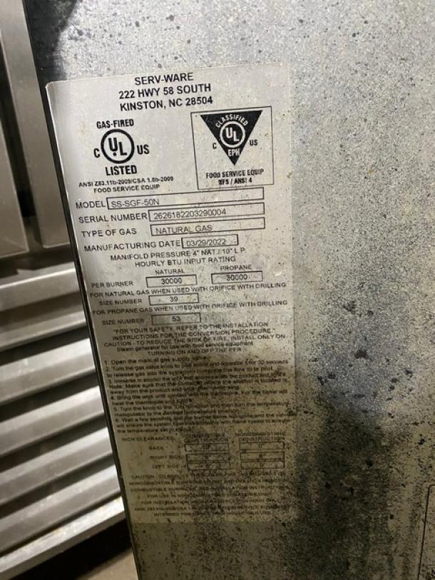 Serv-Ware! 2022 Late Model! Select Series Commercial Stainless Steel Natural Gas Powered 50 Lb. Deep Fat Fryer! With Back Splash & Basket Hanger! Model: SS-SGF-50N SN: 2626182203290004! On Casters! - Image 11 of 11