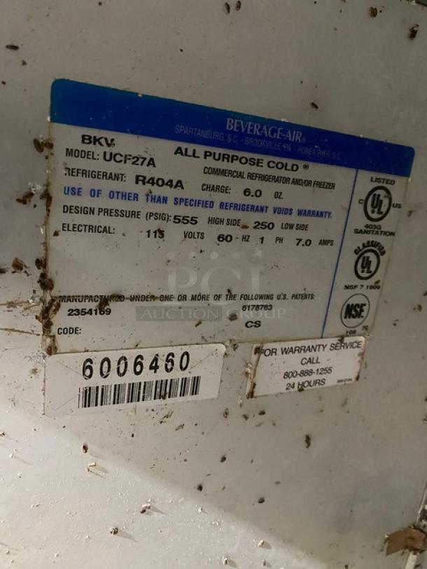 Beverage-Air Commercial Stainless Steel Single Door Undercounter Freezer! With Poly Coated Wire Rack! Model: UCF27A SN: 6006460! 115V 1 Phase! On casters! - Image 6 of 9