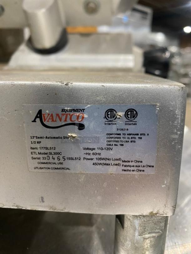 Avantco Commercial Electric Powered Countertop Semi-Automatic Gravity Feed Deli Meat Slicer! With 12" Blade! Model: SL300C SN: 33046515SL512! 110-120V 1 Phase! On Legs! - Image 10 of 10