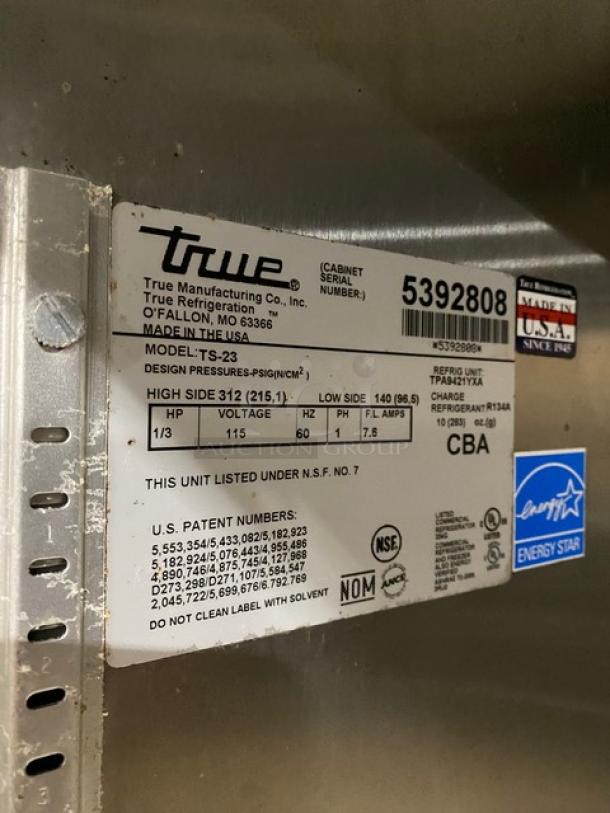 True Superior Series Commercial Stainless Steel Solid Single Door Reach In Refrigerator! Energy Star Certified! Model: TS-23 SN: 5392808! 115V 1 Phase! On Casters! - Image 7 of 9