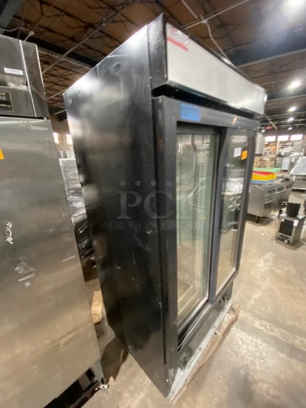 Carrier CMX Series Commercial Black Double Glass Sliding Door Reach In Merchandiser Refrigerator! With Poly Coated Wire Racks! Model: MC1100! 120V 1 Phase! - Image 2 of 8