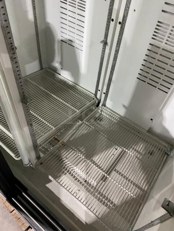 Carrier CMX Series Commercial Black Double Glass Sliding Door Reach In Merchandiser Refrigerator! With Poly Coated Wire Racks! Model: MC1100! 120V 1 Phase! - Image 5 of 8