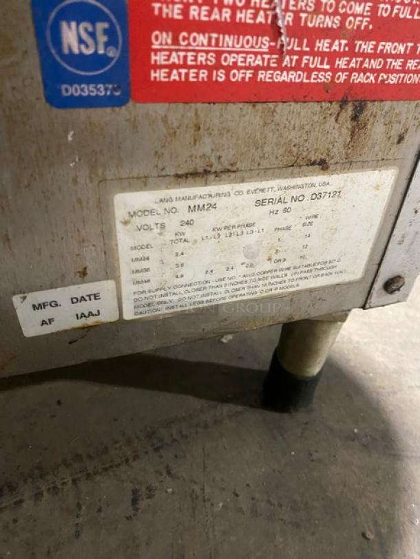 Lang Meltmaster Plus-II Series Commercial Stainless Steel Electric Powered Wall/Countertop Mounted Salamander Broiler/Cheese Melter! With Wire Rack! Model: MM24 SN: D37121! 240V 1 Phase! On Legs! - Image 5 of 8