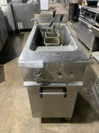 AXIS Commercial Stainless Steel Natural Gas Powered Single Floor Model Pasta Cooker! With Fresh Water Valve & Control Knob! With Back Splash! With Assorted Mesh Baskets! Model: AX-SPG SN: 90MF.406! On Casters!
