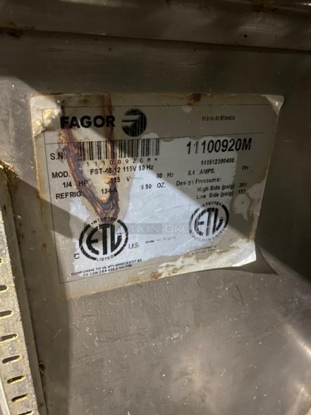 Fagor Commercial Stainless Steel 2 Door Refrigerated Bain Marie Style Mega Top Salad/Sandwich Prep Table! With Removable Cutting Board! Model: FST-48-12 SN: 11100920M! 115V 1 Phase! On Casters! - Image 7 of 9