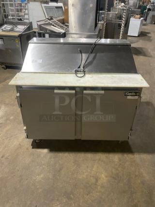 Leader Commercial Stainless Steel 2 Door Refrigerated Bain Marie Style Mega Top Salad/Sandwich Prep Table! With Removable Cutting Board! With Poly Coated Wire Racks! Model: ESLM48 S/C SN: NM08S1315! 115V 1 Phase! On Casters!