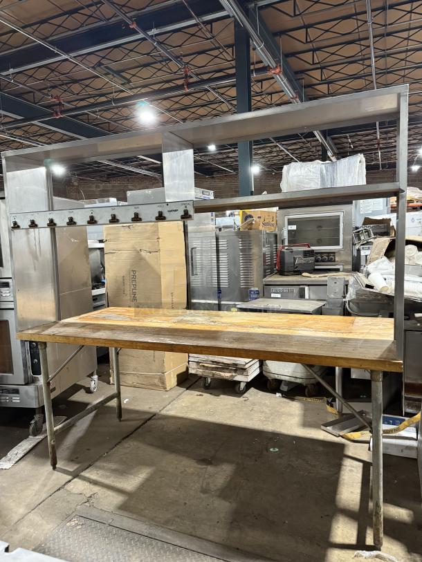 Commercial Wooden Butcher-Block Style Worktop Table! With Double Overhead Shelf! With Tag/Order Holders! On Legs! - Image 1 of 7