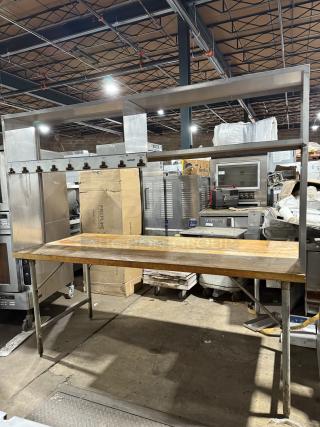 Commercial Wooden Butcher-Block Style Worktop Table! With Double Overhead Shelf! With Tag/Order Holders! On Legs!