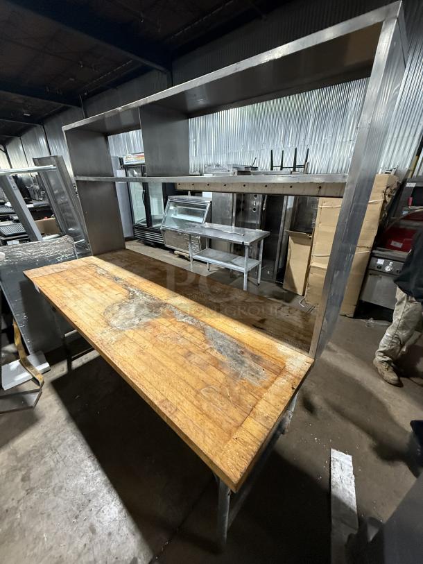 Commercial Wooden Butcher-Block Style Worktop Table! With Double Overhead Shelf! With Tag/Order Holders! On Legs! - Image 6 of 7