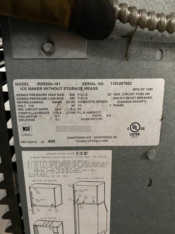Manitowoc Indigo Series Commercial Stainless Steel Air-Cooled Cubed Style Ice Making Machine Head/Full Size Ice Bin Combo! With Lift-Up Style Access Door! Model: IR0520A-161 SN: 1101257602! 115V 1 Phase! With Legs! 2X Your Bid Makes One Unit! - Image 7 of 11