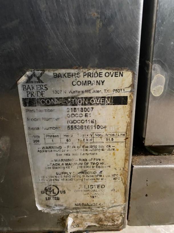 Bakers Pride Cyclone Series Commercial Stainless Steel Electric Powered Double Stacked Convection Oven! Energy Star Certified! With Wire Oven Racks! Model: GDCO-E1 SN: 555361611004! 208V 1 Phase! On Casters! 2X Your Bid Makes One Unit! - Image 12 of 12