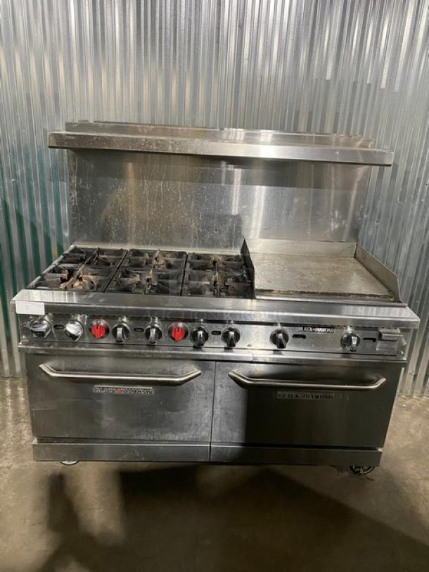 Black Diamond By AdCraft Commercial Stainless Steel Natural Gas Powered 6 Burner Range/Flat Griddle Split Top & Double Oven Combo! With Back Splash & Overhead Salamander Shelf! With Wire Oven Racks! Model: GR-6024G/NG SN: 11205992! On Casters! - Image 1 of 13