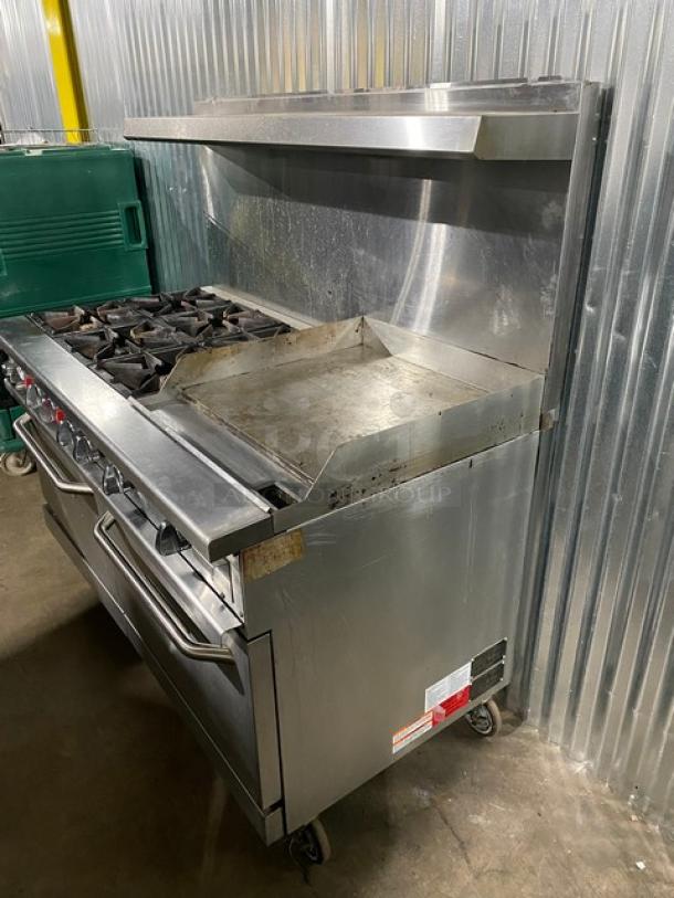 Black Diamond By AdCraft Commercial Stainless Steel Natural Gas Powered 6 Burner Range/Flat Griddle Split Top & Double Oven Combo! With Back Splash & Overhead Salamander Shelf! With Wire Oven Racks! Model: GR-6024G/NG SN: 11205992! On Casters! - Image 2 of 13