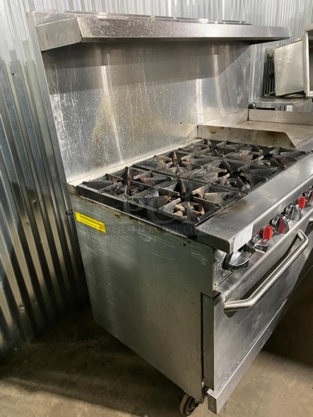 Black Diamond By AdCraft Commercial Stainless Steel Natural Gas Powered 6 Burner Range/Flat Griddle Split Top & Double Oven Combo! With Back Splash & Overhead Salamander Shelf! With Wire Oven Racks! Model: GR-6024G/NG SN: 11205992! On Casters! - Image 4 of 13