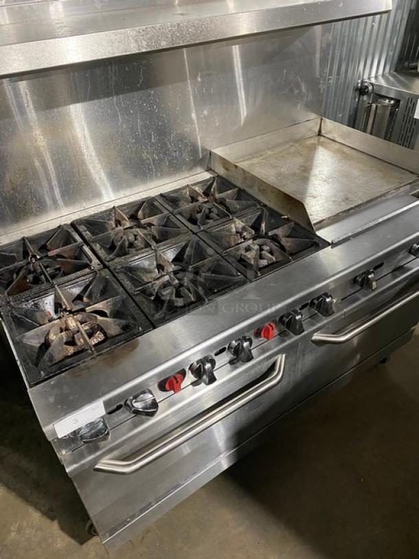 Black Diamond By AdCraft Commercial Stainless Steel Natural Gas Powered 6 Burner Range/Flat Griddle Split Top & Double Oven Combo! With Back Splash & Overhead Salamander Shelf! With Wire Oven Racks! Model: GR-6024G/NG SN: 11205992! On Casters! - Image 5 of 13