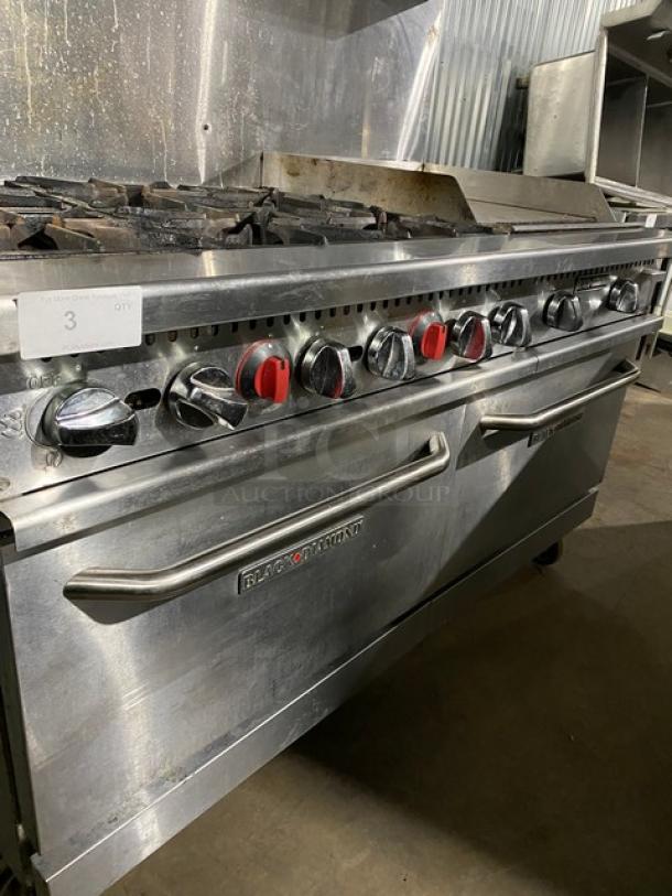 Black Diamond By AdCraft Commercial Stainless Steel Natural Gas Powered 6 Burner Range/Flat Griddle Split Top & Double Oven Combo! With Back Splash & Overhead Salamander Shelf! With Wire Oven Racks! Model: GR-6024G/NG SN: 11205992! On Casters! - Image 6 of 13