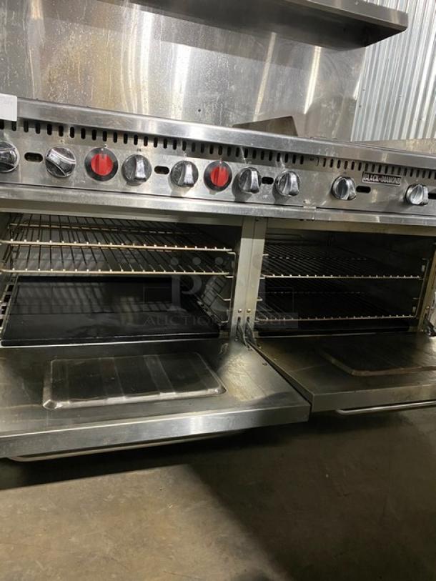 Black Diamond By AdCraft Commercial Stainless Steel Natural Gas Powered 6 Burner Range/Flat Griddle Split Top & Double Oven Combo! With Back Splash & Overhead Salamander Shelf! With Wire Oven Racks! Model: GR-6024G/NG SN: 11205992! On Casters! - Image 8 of 13