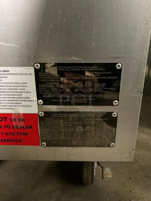 Black Diamond By AdCraft Commercial Stainless Steel Natural Gas Powered 6 Burner Range/Flat Griddle Split Top & Double Oven Combo! With Back Splash & Overhead Salamander Shelf! With Wire Oven Racks! Model: GR-6024G/NG SN: 11205992! On Casters! - Image 12 of 13