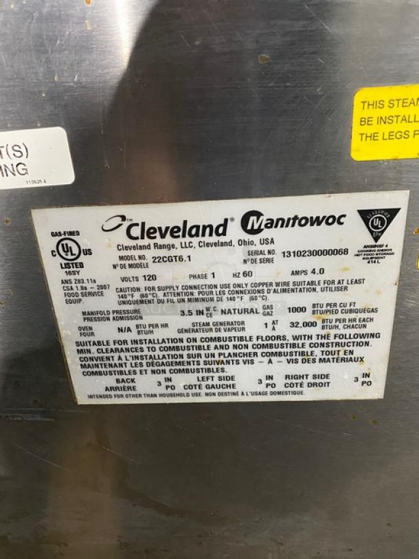 Cleveland Range SteamChef Series Commercial Stainless Steel Natural Gas Powered Countertop Convection Steamer! Energy Star Certified! With Built-In Pan Holding Rack! Model: 22CGT6.1 SN: 1310230000068! 120V 1 Phase! On Legs! - Image 10 of 11