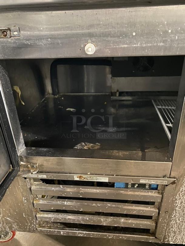 Cooltech Commercial Stainless Steel 2 Door Refrigerated Bain Marie Style Mega Top Salad/Sandwich Prep Table! With Double Overhead Shelves! With Removable Cutting Board! With Poly Coated Wire Rack! Model: CTR-60BM SN: C113819! 120V! On Casters! - Image 7 of 11