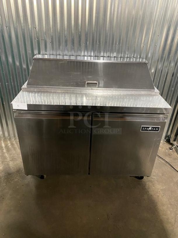 Spartan Commercial Stainless Steel 2 Door Refrigerated Bain Marie Style Mega Top Salad/Sandwich Prep Table! With Poly Coated Wire Racks! Model: SST-48! 115V! On Casters! - Image 1 of 11