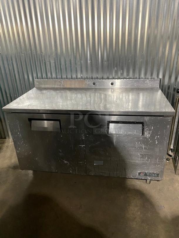True Commercial Stainless Steel Solid 2 Door Worktop Refrigerator! With Back Splash! With Poly Coated Wire Racks! Model: TWT-60 SN: 8711032! 115V 1 Phase! On Casters! - Image 1 of 11