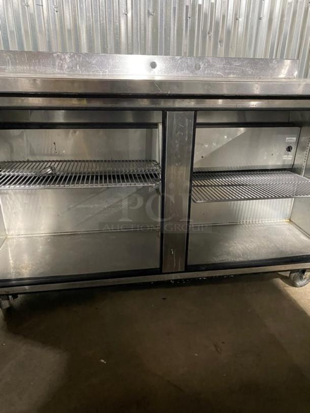 True Commercial Stainless Steel Solid 2 Door Worktop Refrigerator! With Back Splash! With Poly Coated Wire Racks! Model: TWT-60 SN: 8711032! 115V 1 Phase! On Casters! - Image 5 of 11