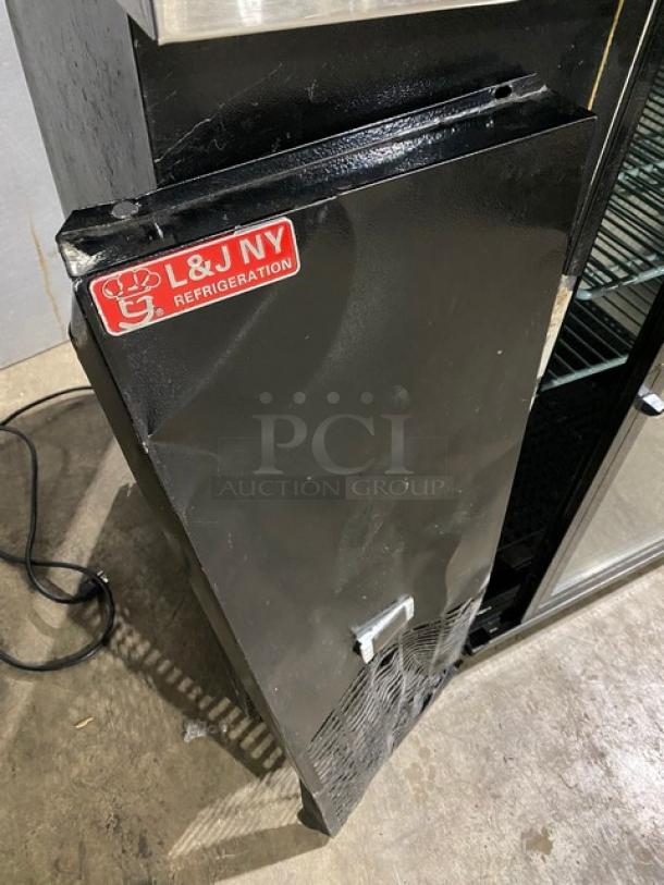 L & J NY Commercial Black Double Glass Door Refrigerated Back Bar Beverage Cooler! With Stainless Steel Worktop! With Poly Coated Wire Racks! Model: JBB-60G-SD SN: LJR190227! - Image 8 of 10