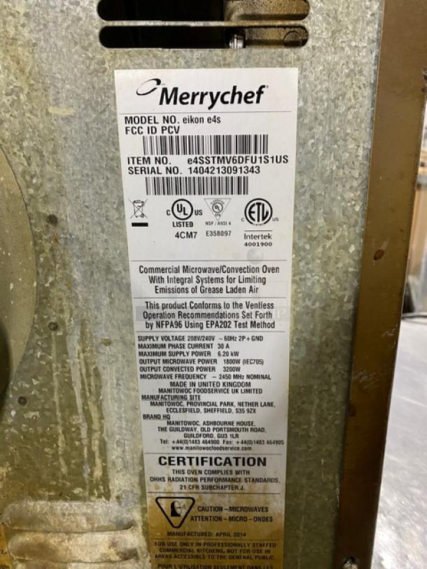 MerryChef Commercial Stainless Steel Electric Powered Countertop Rapid Cook Turbo Oven! Model: Eikon E4S SN: 1404213091343! 208/240V 2 Phase! - Image 8 of 10