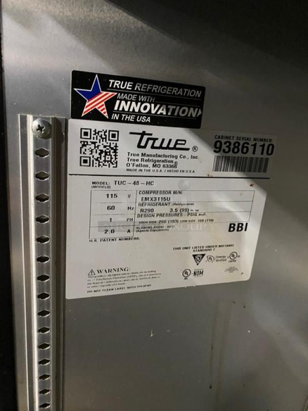 True Commercial Stainless Steel Solid 2 Door Undercounter Refrigerator! Model: TUC-48-HC SN: 9386110! 115V 1 Phase! On Casters! - Image 6 of 9