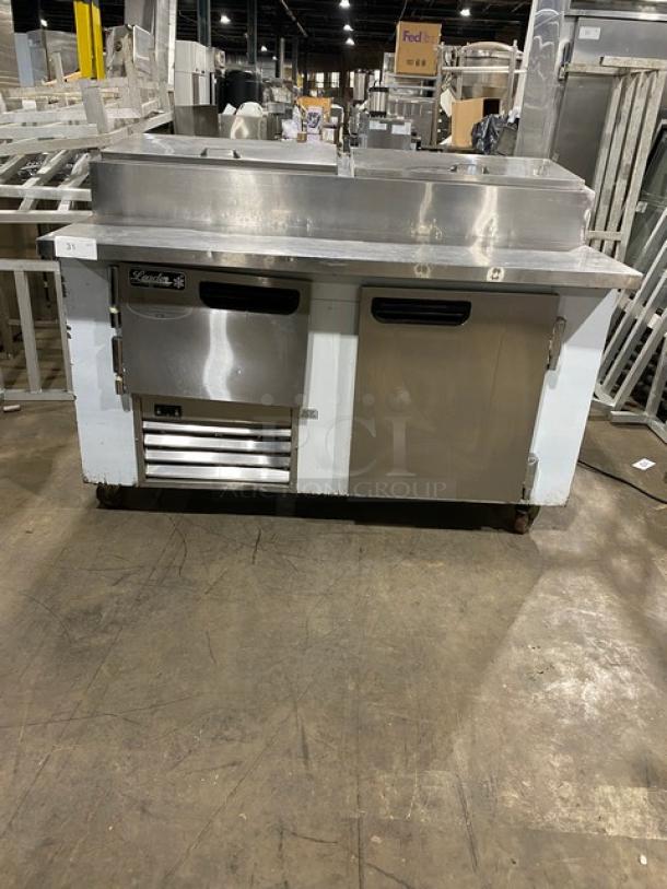 Leader Commercial Stainless Steel 2 Door Refrigerated Bain Marie Style Mega Top Pizza Prep Table! With Poly Coated Wire Rack! On Casters! - Image 1 of 11