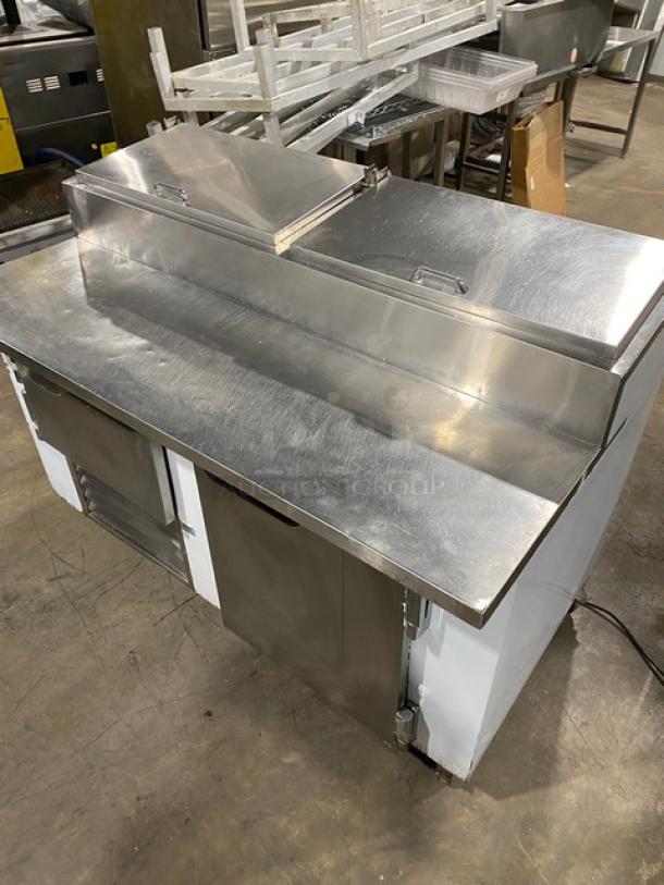 Leader Commercial Stainless Steel 2 Door Refrigerated Bain Marie Style Mega Top Pizza Prep Table! With Poly Coated Wire Rack! On Casters! - Image 9 of 11