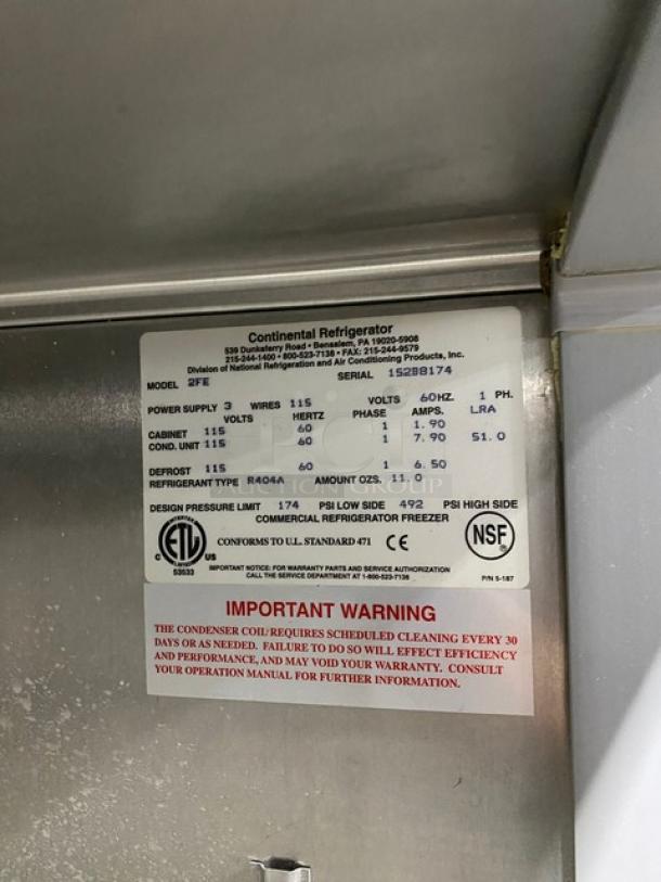 Continental Commercial Stainless Steel Solid 2 Door Reach In Freezer! Energy Star Certified! With Poly Coated Wire Racks! Model: 2FE SN: 152B8174! 115V 1 Phase! On Casters! - Image 6 of 11