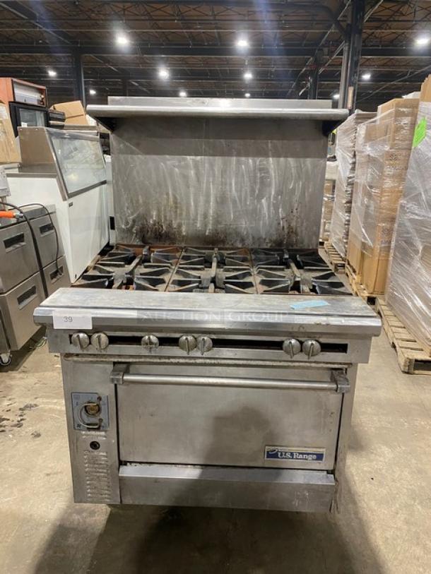 U.S. Range Commercial Stainless Steel Natural Gas Powered 6 Burner Range/Oven Combo! With Backsplash & Overhead Salamander Shelf! On Casters! - Image 1 of 11