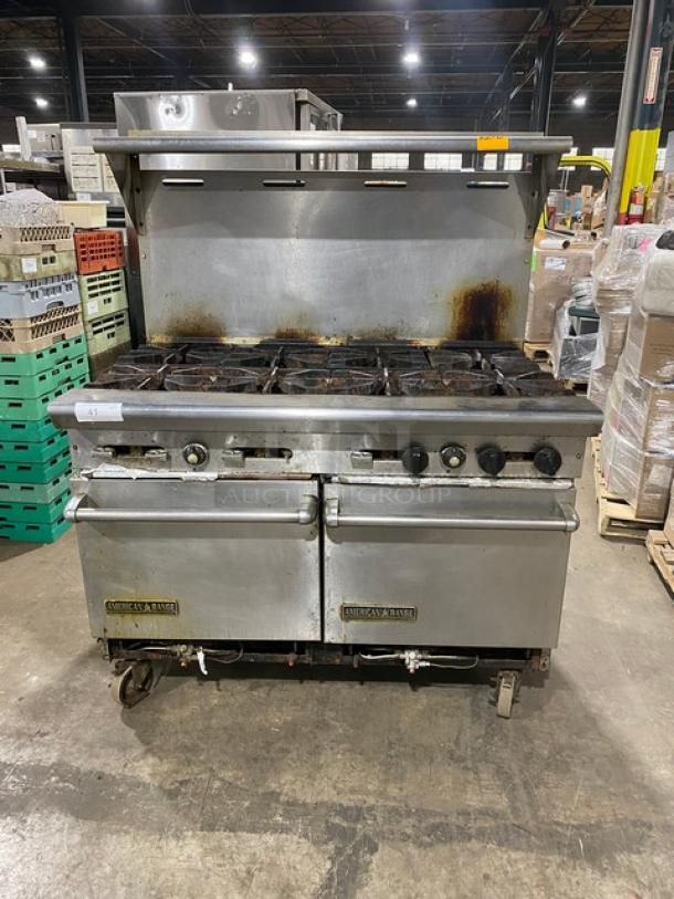 American Range Commercial Stainless Steel Natural Gas Powered 8 Burner Range/Double Oven Combo! With Back Splash & Overhead Salamander Shelf! With Wire Oven Racks! On Casters! - Image 1 of 11