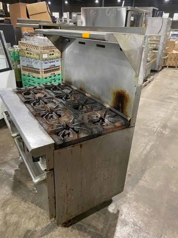 American Range Commercial Stainless Steel Natural Gas Powered 8 Burner Range/Double Oven Combo! With Back Splash & Overhead Salamander Shelf! With Wire Oven Racks! On Casters! - Image 2 of 11