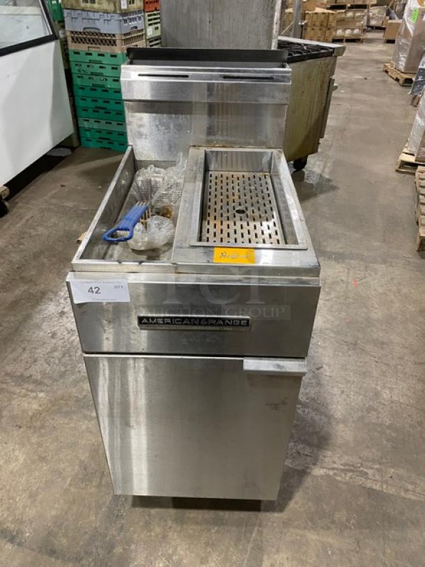 American Range Commercial Stainless Steel Natural Gas Powered Deep Fat Fryer! With Built-In Dump Station! Woth Back Splash & Basket Hanger! With Frying Basket! Model: AF-25DS SN: 181212-53916! On Legs! - Image 1 of 13