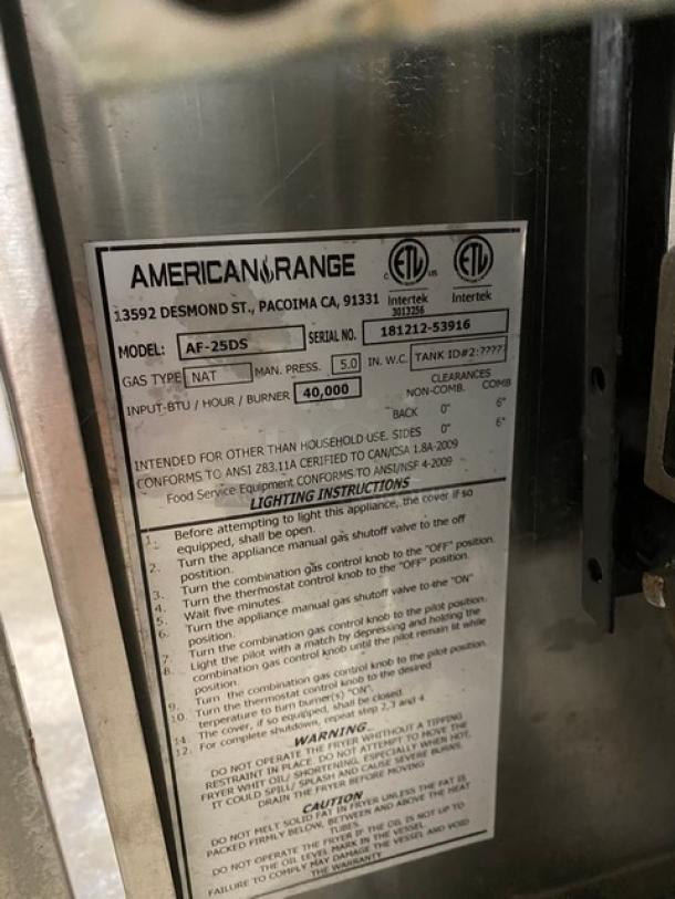 American Range Commercial Stainless Steel Natural Gas Powered Deep Fat Fryer! With Built-In Dump Station! Woth Back Splash & Basket Hanger! With Frying Basket! Model: AF-25DS SN: 181212-53916! On Legs! - Image 11 of 13