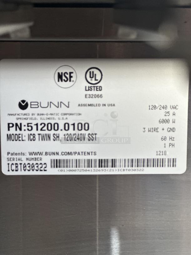 One Bunn Commercial Coffee Maker Model # ICB Twin SH  120/240 Volt 20X21X34 Working when removed - Image 3 of 4