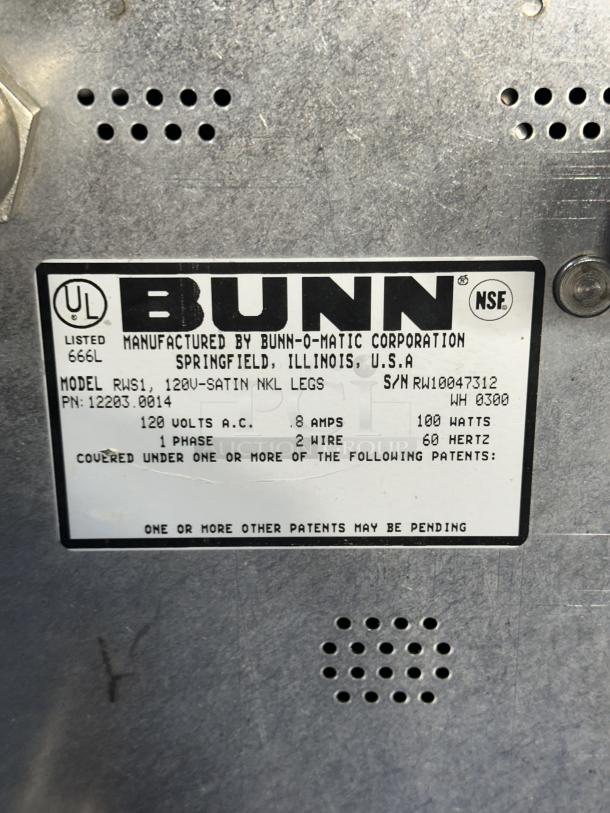 One Bunn Coffee Pot Warmer Model # RWS1 120 Volts Satin Nickel Legs 8X9X8 - Image 3 of 4