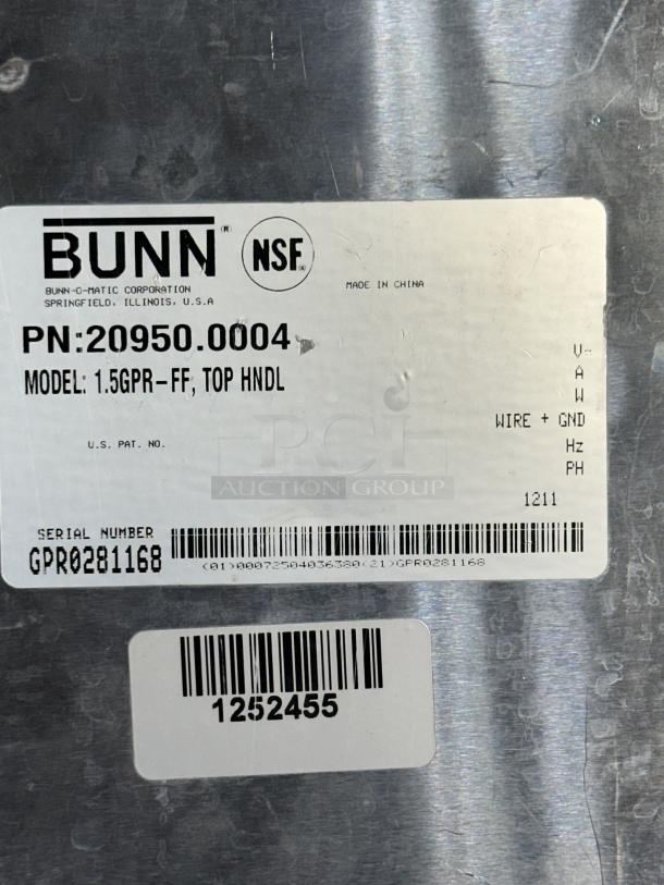 One Bunn Portable Coffee Server, 1.5 Gallon, Model # 1.5GPR-FF, Top Handle, 7X13X11 - Image 3 of 3