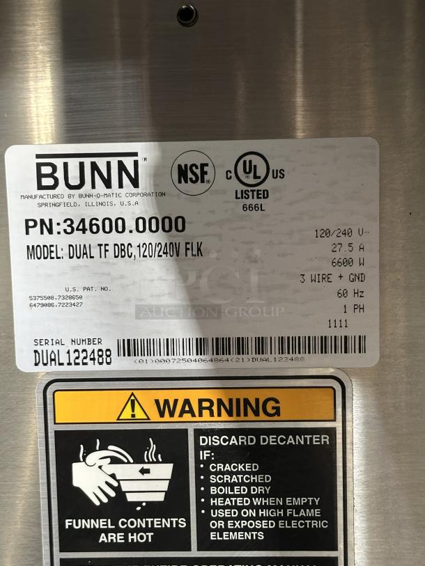 One Bunn Dual Brew Wise Coffee Brewer with Hot Water Dispenser, Model# Dual TF DBC 120/240 Volts 22X21X36 - Image 3 of 4
