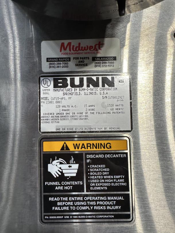 One Bunn Coffee Brewer, Model# CWT15-ABS, 120 Volts, Powered on when tested, 8X19X24 - Image 3 of 4